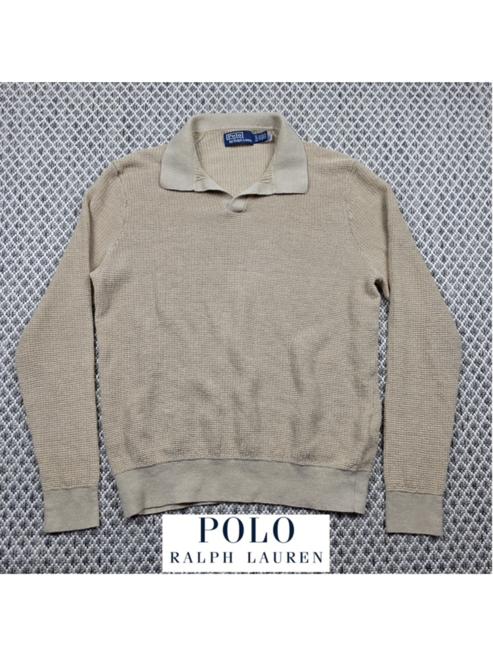 Polo Ralph Lauren Men’s XL 100% Linen Waffle Knit Open Collar Sweater Beige